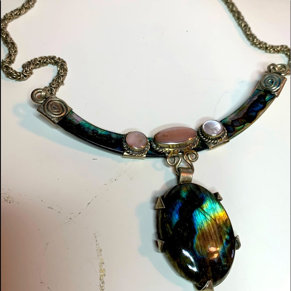 Abalone, mother-of-pearl, pink quartz necklace.